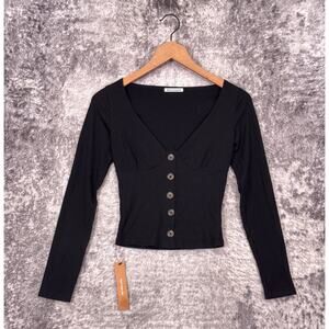 Reformation Black Ribbed Button-Front Long Sleeve Top